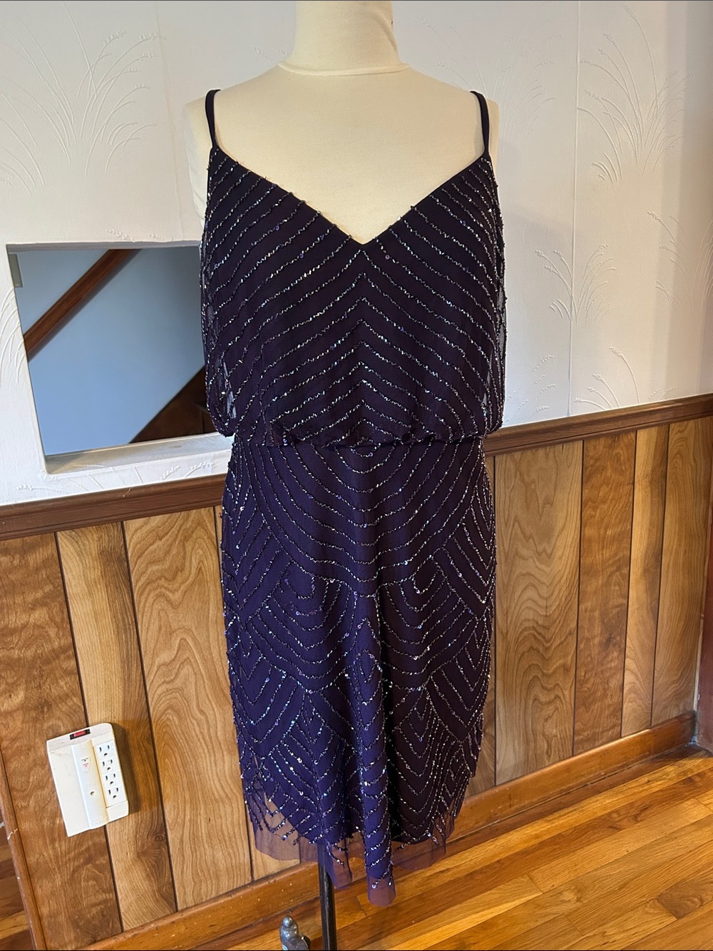 Purple Beaded Spaghetti-Strap Midi Dress